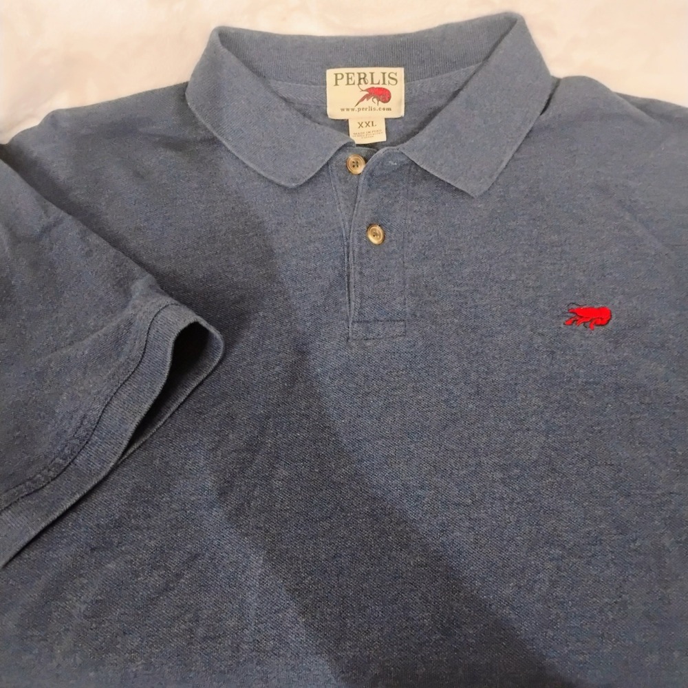 Perlis Mens XXL Blue Peruvian Cotton Crawfish Logo Short Sleeve Polo Shirt I